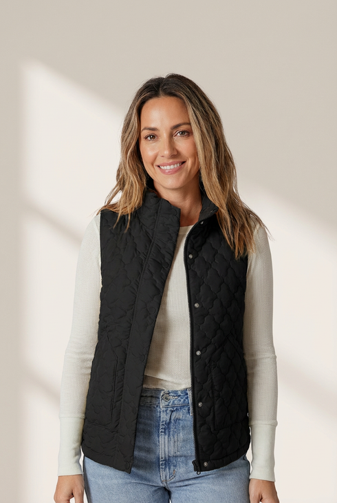 Women's Black Scalloped Quilted Vest with Dual Zip-Snap Closure made for easy styling and wardrobe coordination, with premium-like structure and