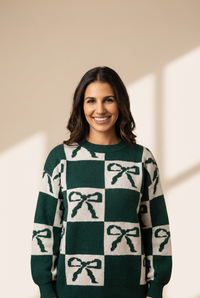 Women's Checkered Bow Knit Sweater in Hunter Green made for easy styling and wardrobe coordination, with premium-like structure and finish.