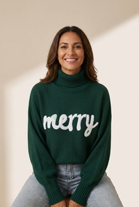 Women's Cozy Blackish Green Merry Letter High Neck Sweater - Stylish Fit for Casual Outings and Everyday Wear made for easy styling and wardrobe