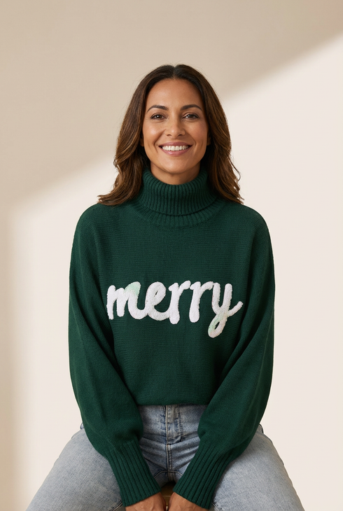 Women's Cozy Blackish Green Merry Letter High Neck Sweater - Stylish Fit for Casual Outings and Everyday Wear made for easy styling and wardrobe