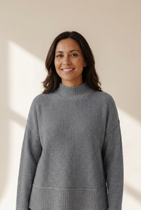 Women's Medium Grey Waffle Knit High Neck Sweater with Drop Shoulder