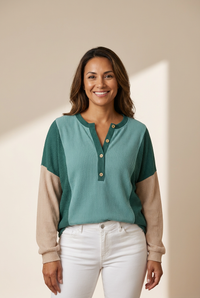 Women's Moonlight Jade Colorblock Ribbed Henley Pullover