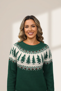Women's Retro Forest Green Fair Isle Tree Sweater