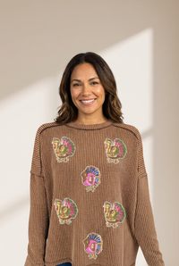 Women's Sequin Turkey Patch Ribbed Top in Dark Khaki