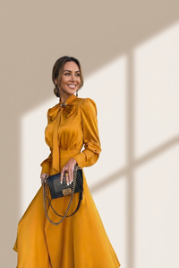 Women's Satin Pussy-Bow Long Sleeve Midi Dress in Ochre