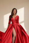 Women's Red Sequin V-Neck A-Line Gown with High Thigh Slit