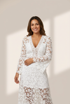 Women's Floral Crochet Lace V-Neck Midi Dress with Bell Sleeves