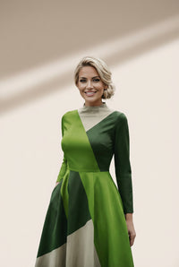 Women's Geometric Color Block Long Sleeve Fit-and-Flare Midi Dress