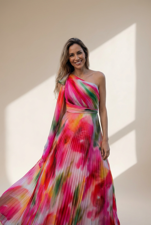 Women's Printed Sloping Shoulder Pleated Dress