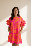 Floral Ruffle Sleeve Shift Dress in Neon Pink and Orange | MsDressly