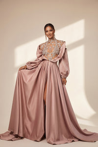 Women's Mauve Satin Evening Gown with Crystal Illusion Bodice