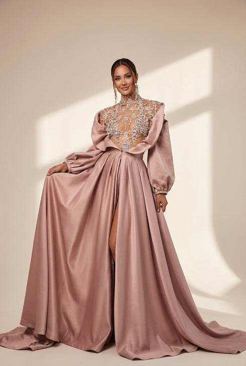 Women's Mauve Satin Evening Gown with Crystal Illusion Bodice