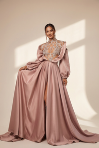 Women's Mauve Satin Evening Gown with Crystal Illusion Bodice