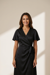Women's Satin V-Neck Flutter Sleeve Wrap Dress