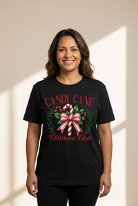 Women's Candy Cane Christmas Club Graphic Tee in Premium Black Jersey made for easy styling and wardrobe coordination, with premium-like structure and