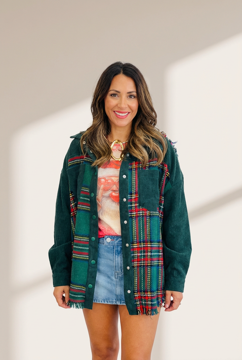Women's Green Plaid Tweed Corduroy Shacket with Raw Hem - Trendy Overshirt for Casual Fall Looks and Layering made for easy styling and wardrobe