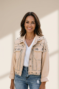 Women's Rivet Detailed Denim Motorcycle Jacket with Silver Studs