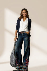 Women's High-Rise Floral Embroidered Wide-Leg Denim Jeans