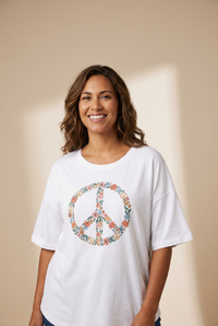 Women's Jet Stream Floral Peace Sign Graphic Tee with Drop Shoulder, Wide Sleeves, and Casual Fit for Everyday Wear made for easy styling and wardrobe
