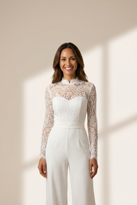 Women's Lace Panel Long Sleeve Jumpsuit with Stand Collar