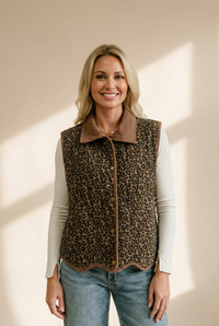Women's Khaki Leopard Print Patchwork Vest with Corduroy Trim and Contrast Collar Stylish, Casual Layering Piece made for easy styling and wardrobe