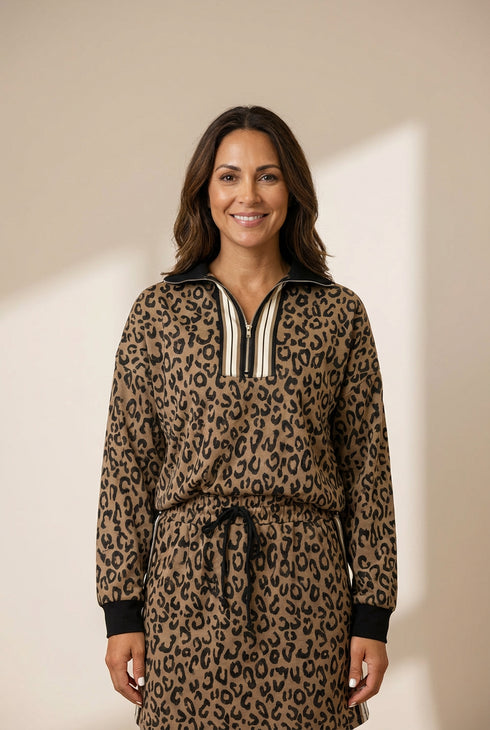 Women's Khaki Leopard Quarter-Zip Top and Mini Skirt Set made for easy styling and wardrobe coordination, with premium-like structure and finish.