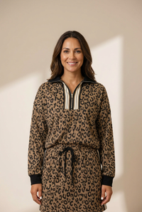 Women's Khaki Leopard Quarter-Zip Top and Mini Skirt Set made for easy styling and wardrobe coordination, with premium-like structure and finish.