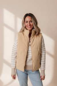 Beige Corduroy Puffer Vest with Stand Collar with practical styling and dependable silhouette control.