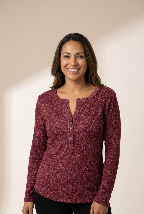 Women's Long Sleeve Henley Shirt with practical styling and dependable silhouette control.