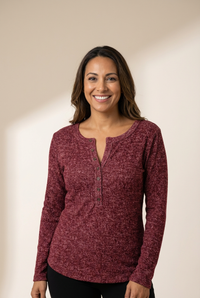 Women's Long Sleeve Henley Shirt with practical styling and dependable silhouette control.