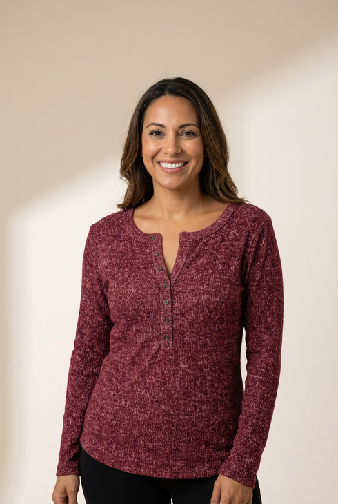 Women's Long Sleeve Henley Shirt with practical styling and dependable silhouette control.