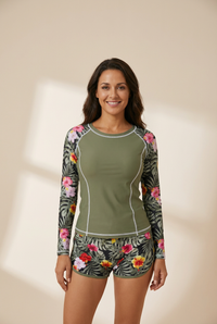 Women's Long Sleeve Rash Guard Swimsuit with Shorts made for easy styling and wardrobe coordination, with premium-like structure and finish.