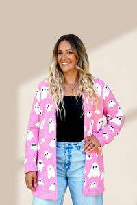 Women's Ghost Pattern Knit Cardigan in Bonbon Pink made for easy styling and wardrobe coordination, with premium-like structure and finish.