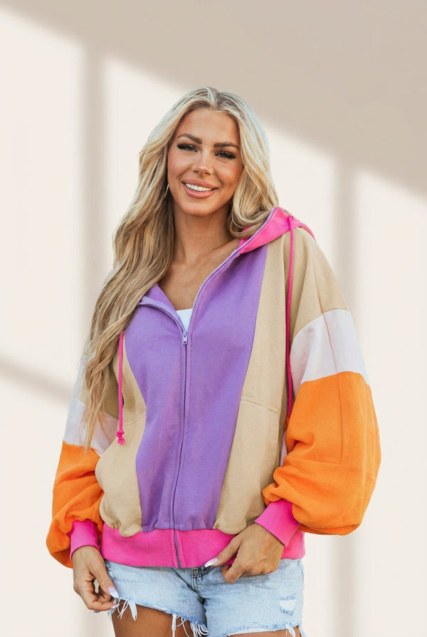 women's oversized grapefruit orange colorblock hoodie - casual street style with full zip, comfort meets chic fashion made for easy styling and with