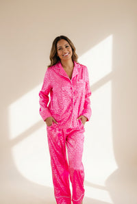 Women's Pink Cheetah Print Satin Pajama Set with Pockets