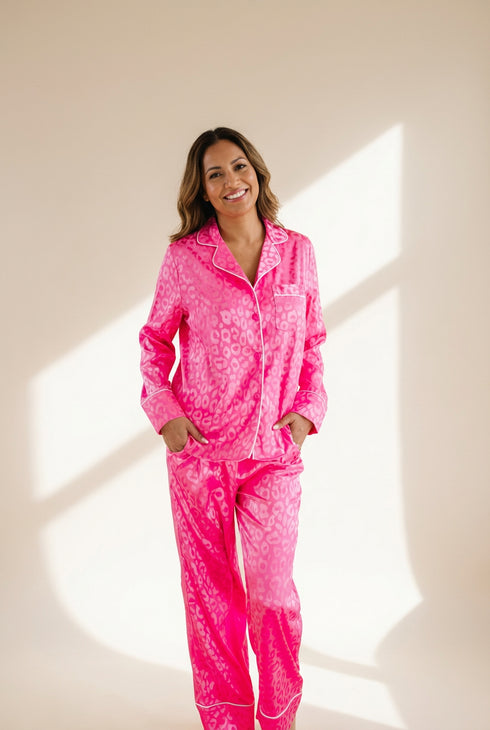 Women's Pink Cheetah Print Satin Pajama Set with Pockets