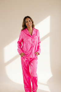 Women's Pink Cheetah Print Satin Pajama Set with Pockets