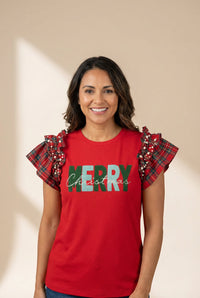 Red Plaid Ruffle Sleeve Merry Graphic Tee with Pearls with practical styling and dependable silhouette control.