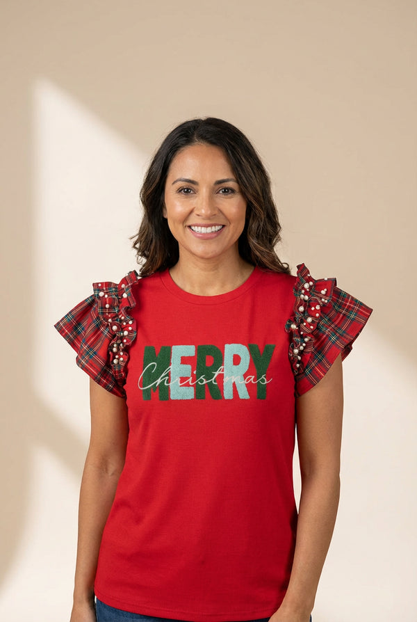 Red Plaid Ruffle Sleeve Merry Graphic Tee with Pearls with practical styling and dependable silhouette control.