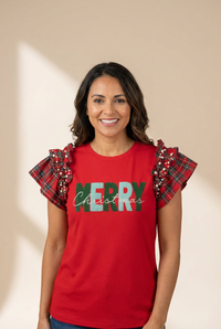 Red Plaid Ruffle Sleeve Merry Graphic Tee with Pearls with practical styling and dependable silhouette control.