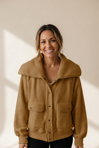 Women's Camel Sherpa Fleece Bomber Jacket with Oversized Shawl Collar