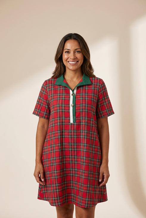 women's red christmas plaid shift dress with contrast button placket made for easy styling and wardrobe coordination, with premium-like structure and