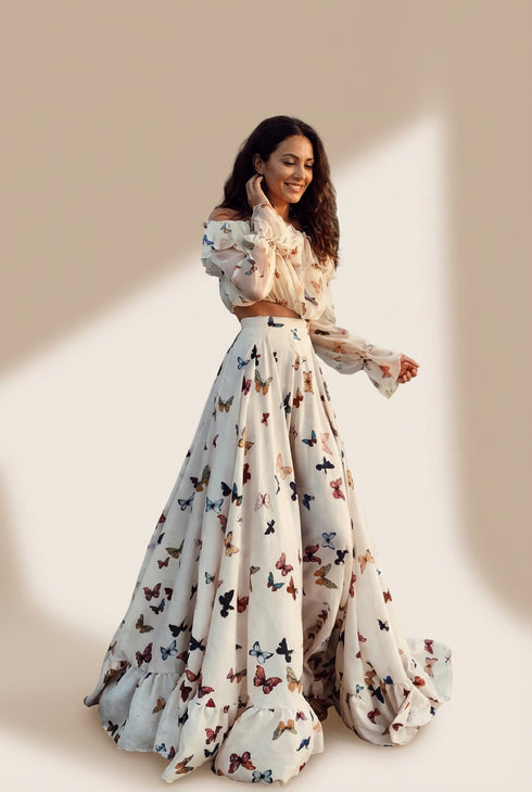 Women's Butterfly Print Chiffon Two-Piece Maxi Set