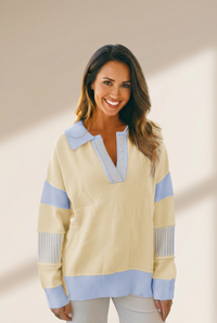 Women's Sky Blue Color Block Polo Sweater in Viscose Blend