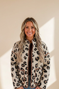 Khaki Leopard Print Quilted Jacket with Contrast Trim with practical styling and dependable silhouette control.