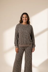 women's stylish khaki leopard print ribbed long sleeve pullover and wide leg pant set comfortable fashion ensemble made for easy styling and wardrobe