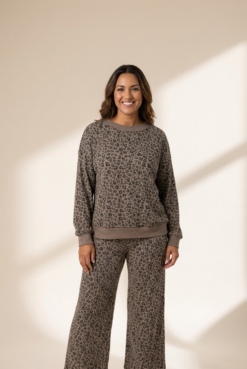 women's stylish khaki leopard print ribbed long sleeve pullover and wide leg pant set comfortable fashion ensemble made for easy styling and wardrobe
