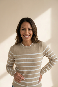 Women's Stylish Khaki Striped Ribbed Knit Sweater with Contrast Trim - Versatile Round Neck Pullover for All Seasons made for easy styling and