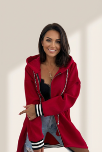 women's racing red oversized zip-up hoodie with contrast striped cuffs made for easy styling and wardrobe coordination, with premium-like structure