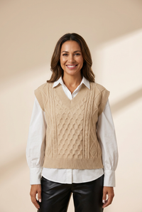 Women's Knit V-Neck Vest Sleeveless Cable Sweater - Bishop - Poet - Halter - Jewel - Closed